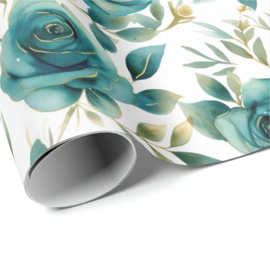 Romantisch Blauwgroen Green Cream Roos Bloemen Cadeaupapier (Rol Hoek)