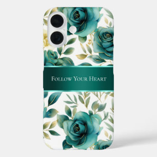 Romantisch Blauwgroen Green Cream Roos Bloemen iPhone 16 Hoesje