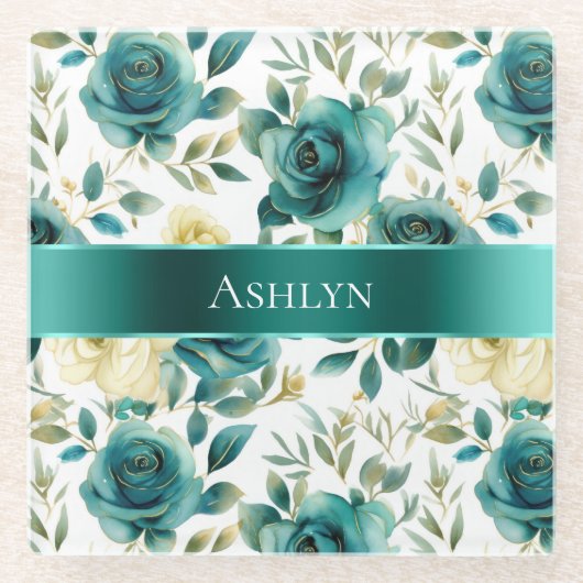 Romantisch Blauwgroen Green Cream Roos Bloemen Glazen Onderzetter (Voorkant)