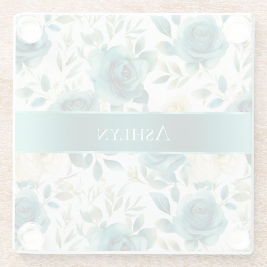 Romantisch Blauwgroen Green Cream Roos Bloemen Glazen Onderzetter (Achterkant)