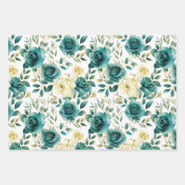 Romantisch Blauwgroen Green Cream Roos Bloemen Inpakpapier Vel