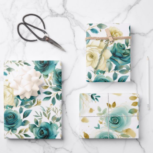 Romantisch Blauwgroen Green Cream Roos Bloemen Inpakpapier Vel (Voorkant)