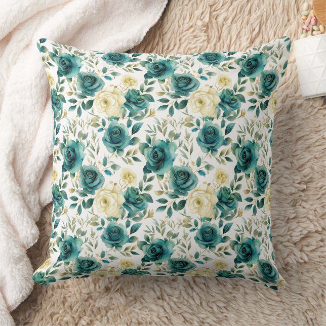 Romantisch Blauwgroen Green Cream Roos Bloemen Kussen (Deken)