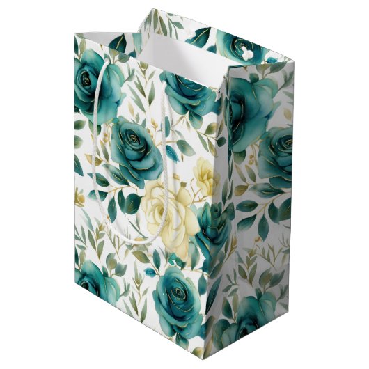 Romantisch Blauwgroen Green Cream Roos Bloemen Medium Cadeauzakje (Achterkant Gekanteld)