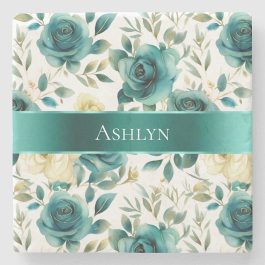 Romantisch Blauwgroen Green Cream Roos Bloemen Stenen Onderzetter (Voorkant)