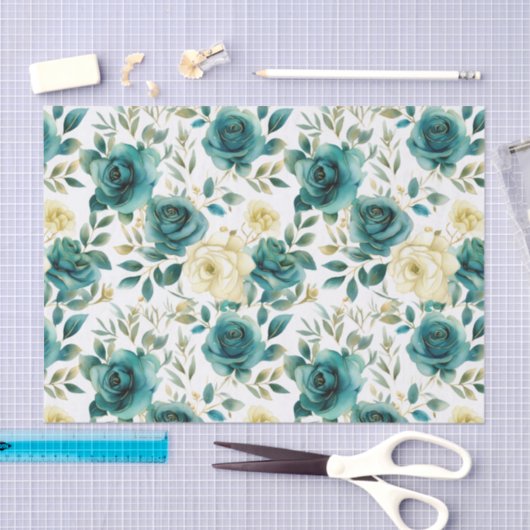 Romantisch Blauwgroen Green Cream Roos Bloemen Tissuepapier (Craft)