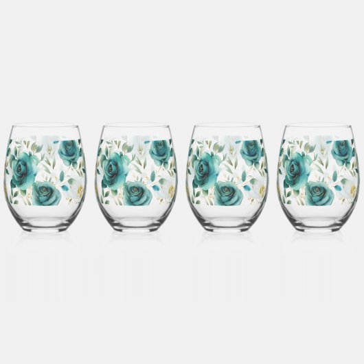 Romantisch Blauwgroen Green Cream Roos Bloemen Wijnglas Zonder Voet (Voorkant)