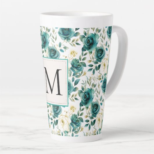 Romantisch Blauwgroen Green Cream Roos Floral Mono Latte Mok (Rechterhoek)