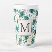 Romantisch Blauwgroen Green Cream Roos Floral Mono Latte Mok (Voorkant)