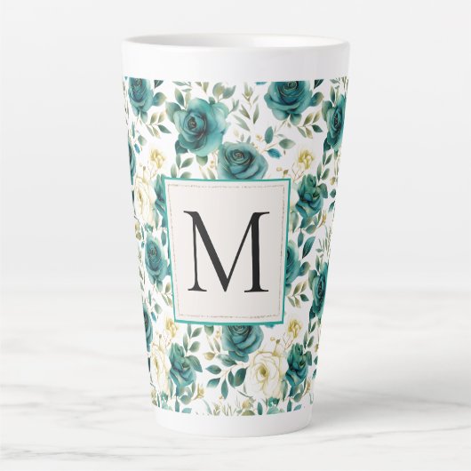 Romantisch Blauwgroen Green Cream Roos Floral Mono Latte Mok (Voorkant)