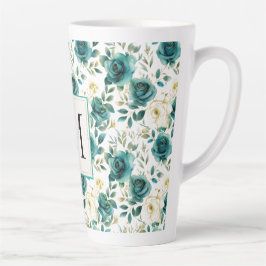 Romantisch Blauwgroen Green Cream Roos Floral Mono Latte Mok