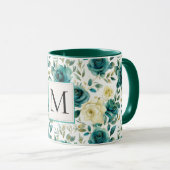 Romantisch Blauwgroen Green Cream Roos Floral Mono Mok (Voorkant rechts)