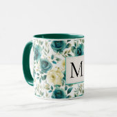 Romantisch Blauwgroen Green Cream Roos Floral Mono Mok (Voorkant links)