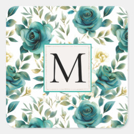 Romantisch Blauwgroen Green Cream Roos Floral Mono Vierkante Sticker