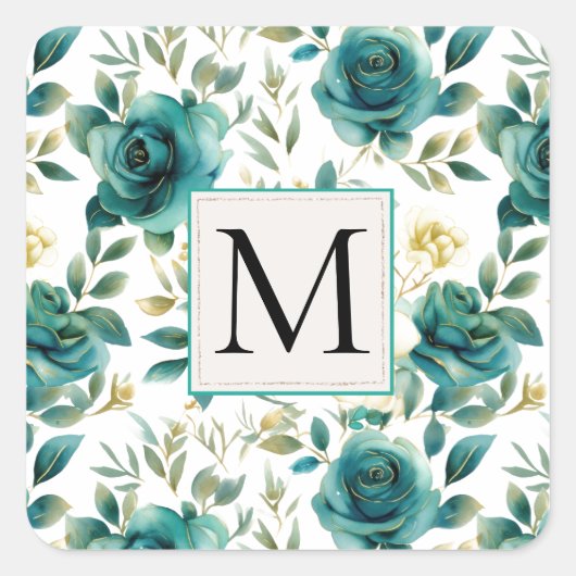 Romantisch Blauwgroen Green Cream Roos Floral Mono Vierkante Sticker (Voorkant)