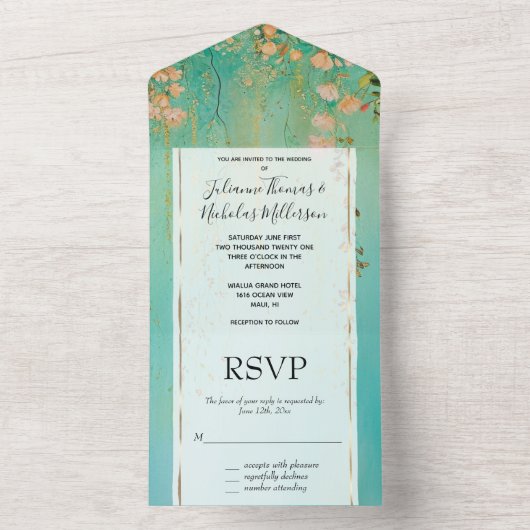 Romantisch Blauwgroen Groen Blush Roze Bloemen Huw All In One Uitnodiging (Binnen)