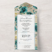 Romantisch Blauwgroen Groene Champagne Roos Bloeme All In One Uitnodiging (Binnen)