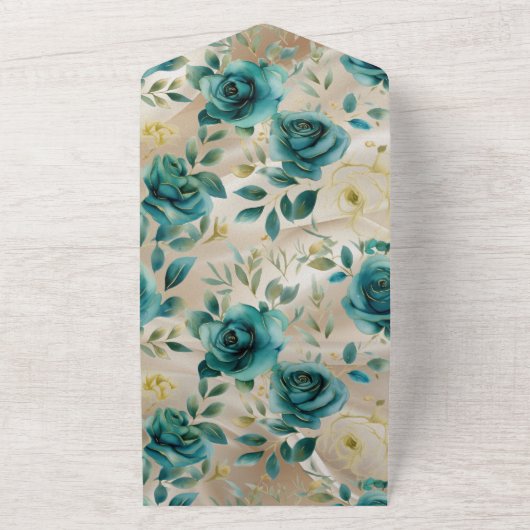 Romantisch Blauwgroen Groene Champagne Roos Bloeme All In One Uitnodiging (Buitenkant)