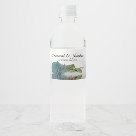 Romantisch Blauwgroen Roos Couple's Namen Elegant  Waterfles Etiket (Voorkant)