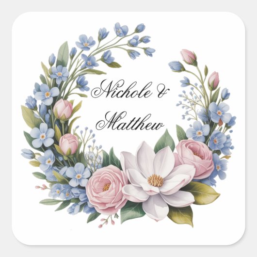 Romantisch bloemboeket bruiloft vierkante sticker (Voorkant)