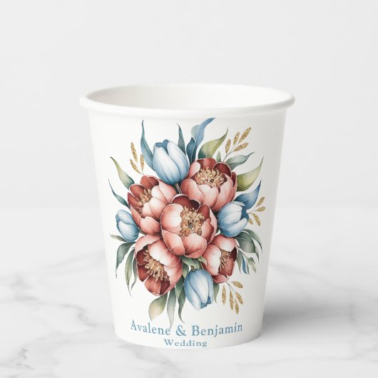 Romantisch bloemboeket: pioenen & tulpen bruiloft papieren bekers (Voorkant)