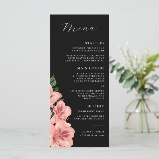 Romantisch  Bloemen Blush Roze Zwart Bruiloft Menu (Staand voorkant)