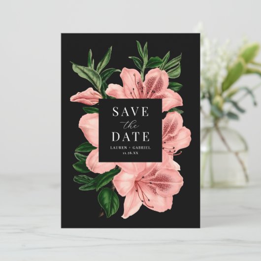Romantisch  Bloemen Blush Roze Zwart Bruiloft Save The Date (Staand voorkant)