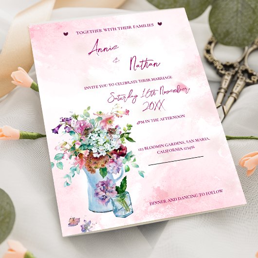 Romantisch Bloemen Boeket Roze Huwelijksuitnodigin Briefkaart
