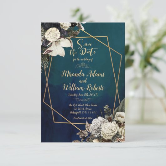 Romantisch Bloemen Gouden Krans Save the Date Brui Kaart (Staand voorkant)