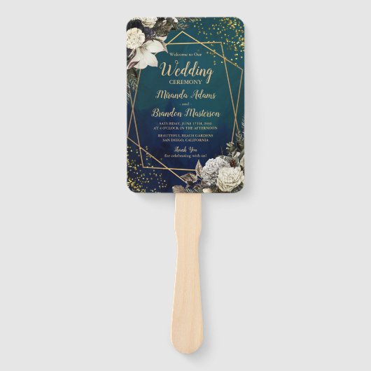 Romantisch Bloemen Gouden Krans Trouwprogramma Handwaaier (Voorkant)