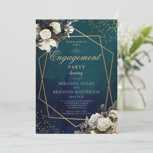 Romantisch Bloemen Gouden Krans Verlovingsfeest Kaart (Staand voorkant)