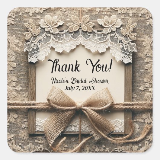 Romantisch Bloemen Kant Burlap Vrijgezellenfeest Vierkante Sticker (Voorkant)