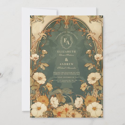 Romantisch Bloemen Lijst Art Nouveau Huwelijk Kaart (Voorkant)
