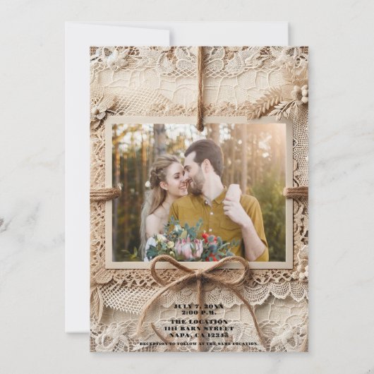  romantisch bloemenkant burlap rustieke bruiloft kaart (Achterkant)