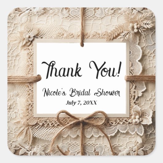 romantisch bloemenkant burlap rustieke bruiloft vierkante sticker (Voorkant)