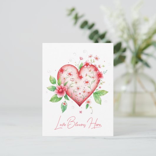 Romantisch bloemhart met roze en rode bloemen briefkaart (Staand voorkant)