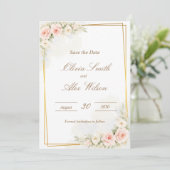 Romantisch bloemig save the date stoffig roze pioe (Staand voorkant)