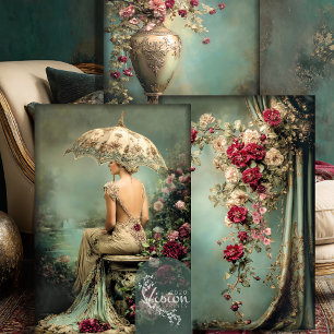 Romantisch bloemmotief, dame & parasol, bijpassend inpakpapier vel