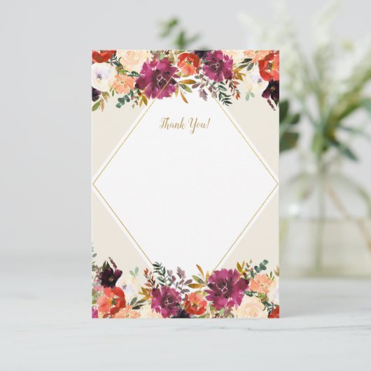 Romantisch bloemmotief in bordeauxrood en perzik - bedankkaart (Staand voorkant)