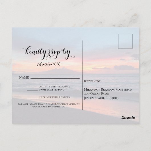 Romantisch Blue Sunset Beach bruiloft RSVP Briefka Briefkaart (Achterkant)
