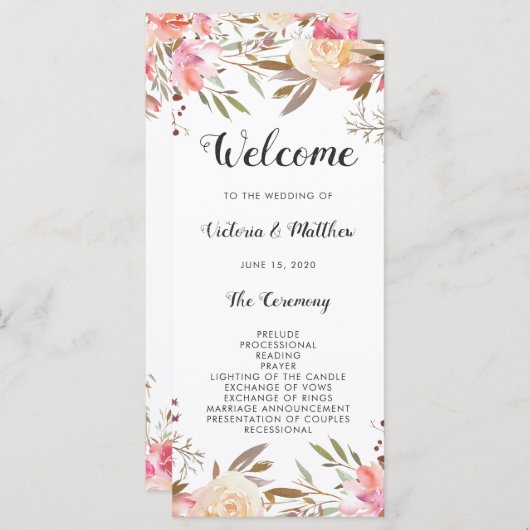 Romantisch Blush Bloom Bloemen Bruiloftsprogramma Programmakaart (Voorkant / Achterkant)