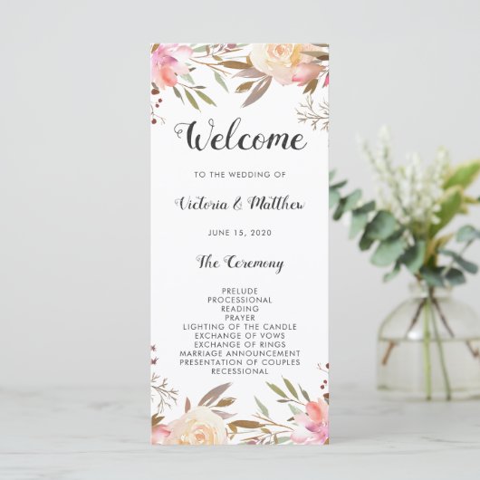 Romantisch Blush Bloom Bloemig Huwelijksprogramma Programmakaart (Staand voorkant)