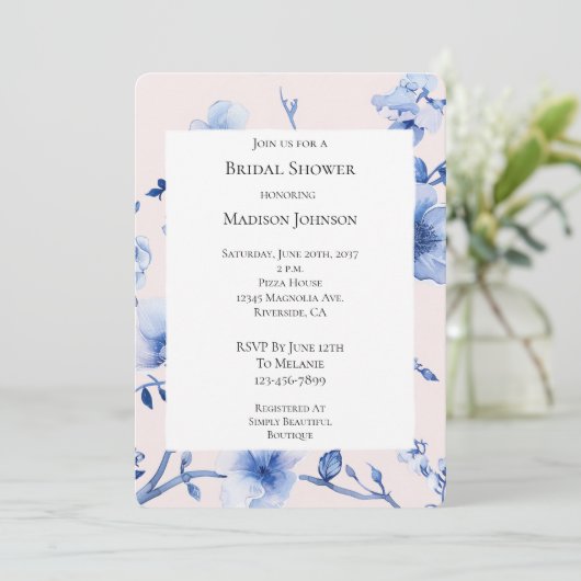 Romantisch Blush Blue Floral Vrijgezellenfeest Kaart (Staand voorkant)