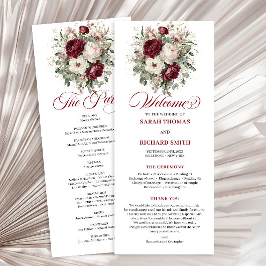 Romantisch Blush Burgundy Bloemen Huwelijksprogram Programmakaart