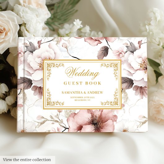 Romantisch Blush Ivoor Goud Bloemen Trouwboek Gastenboek