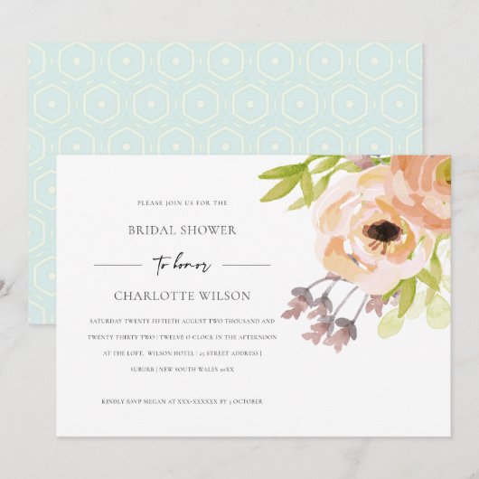 ROMANTISCH BLUSH PINK PEACH FLORAL VRIJGEZELLENFEE KAART (Voorkant / Achterkant)