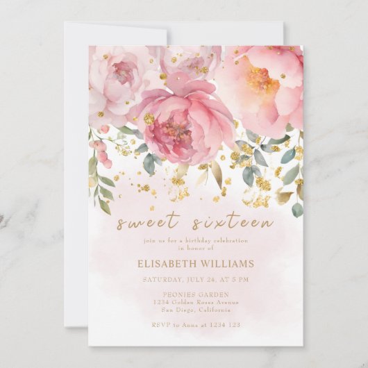 Romantisch Blush Roze Bloemen Sweet Sixteen Birthd Kaart (Voorkant)