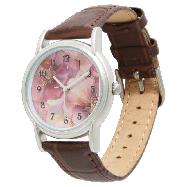 Romantisch Blush Roze Bourgogne Gouden Bloemen Horloge (Gekanteld)