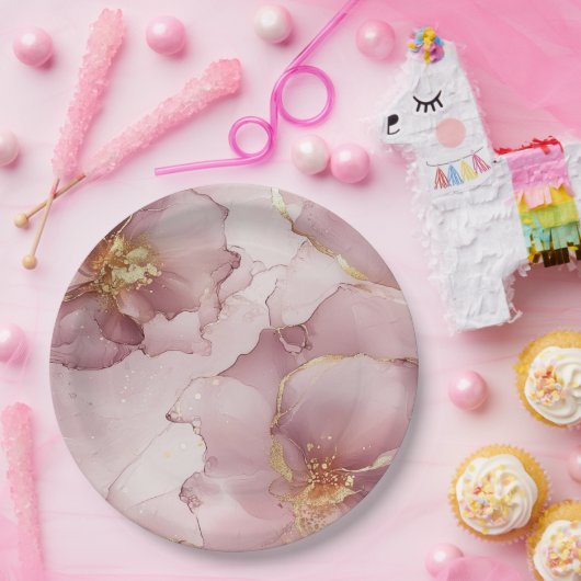 Romantisch Blush Roze Gouden Bloemen Verjaardag Papieren Bordje (Feest)