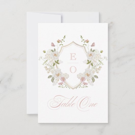 Romantisch Blush White Monogram Crest Tabel Nummer Kaart (Voorkant)